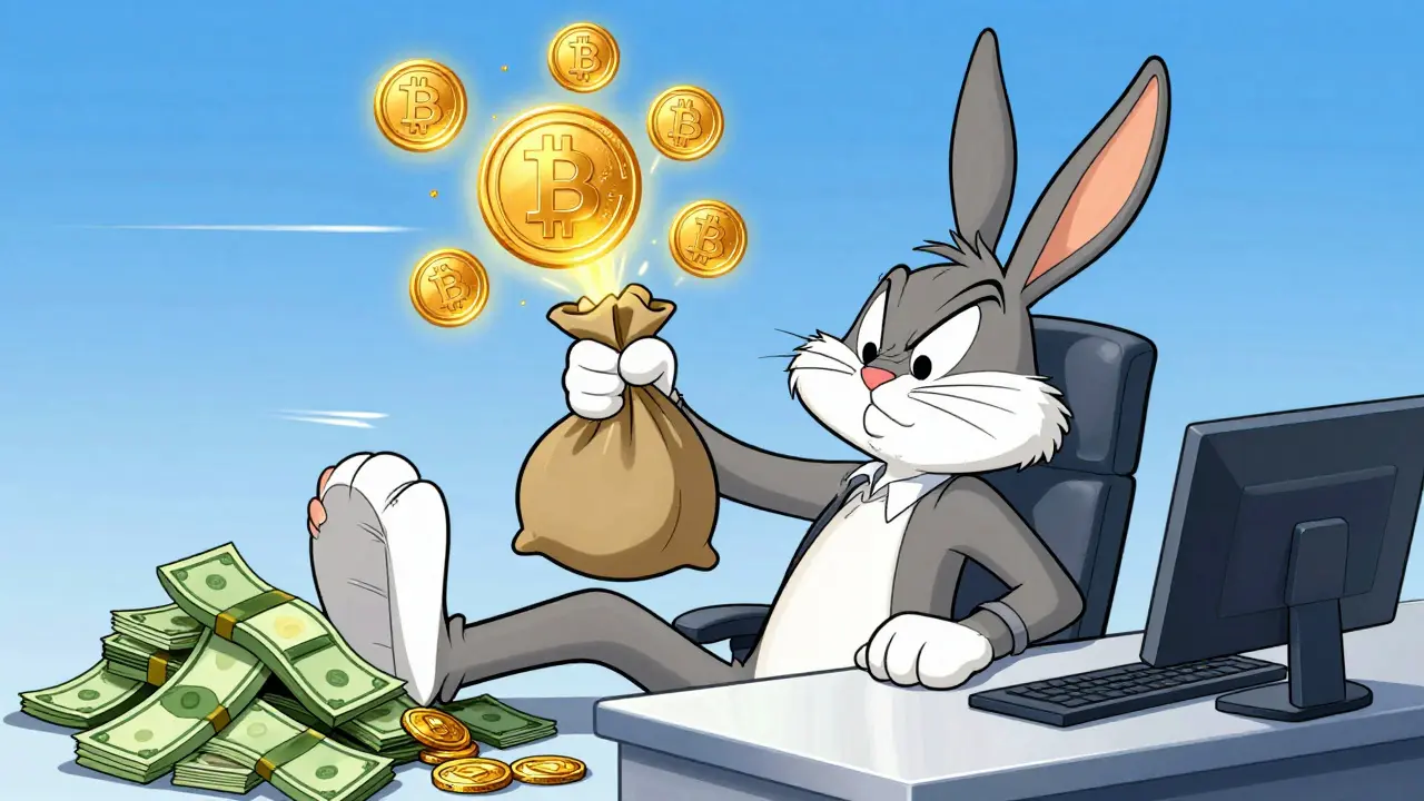 Cartoon trader using crypto as margin collateral, pushing aside cash and bonds.