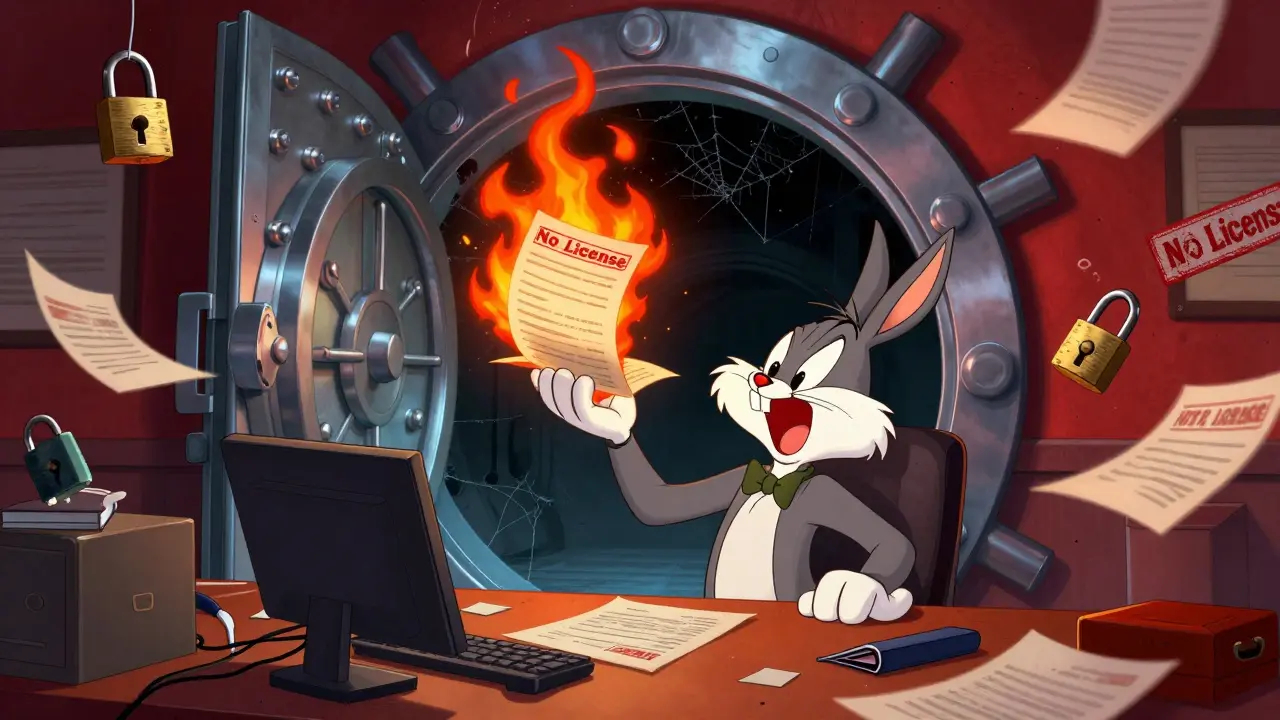 Chaotic cartoon scene showing missing reserves and no license