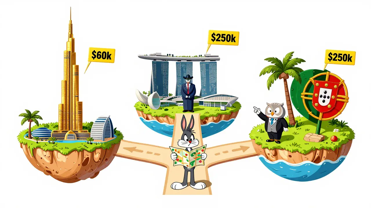 Character choosing between Dubai, Singapore, and Portugal for tax