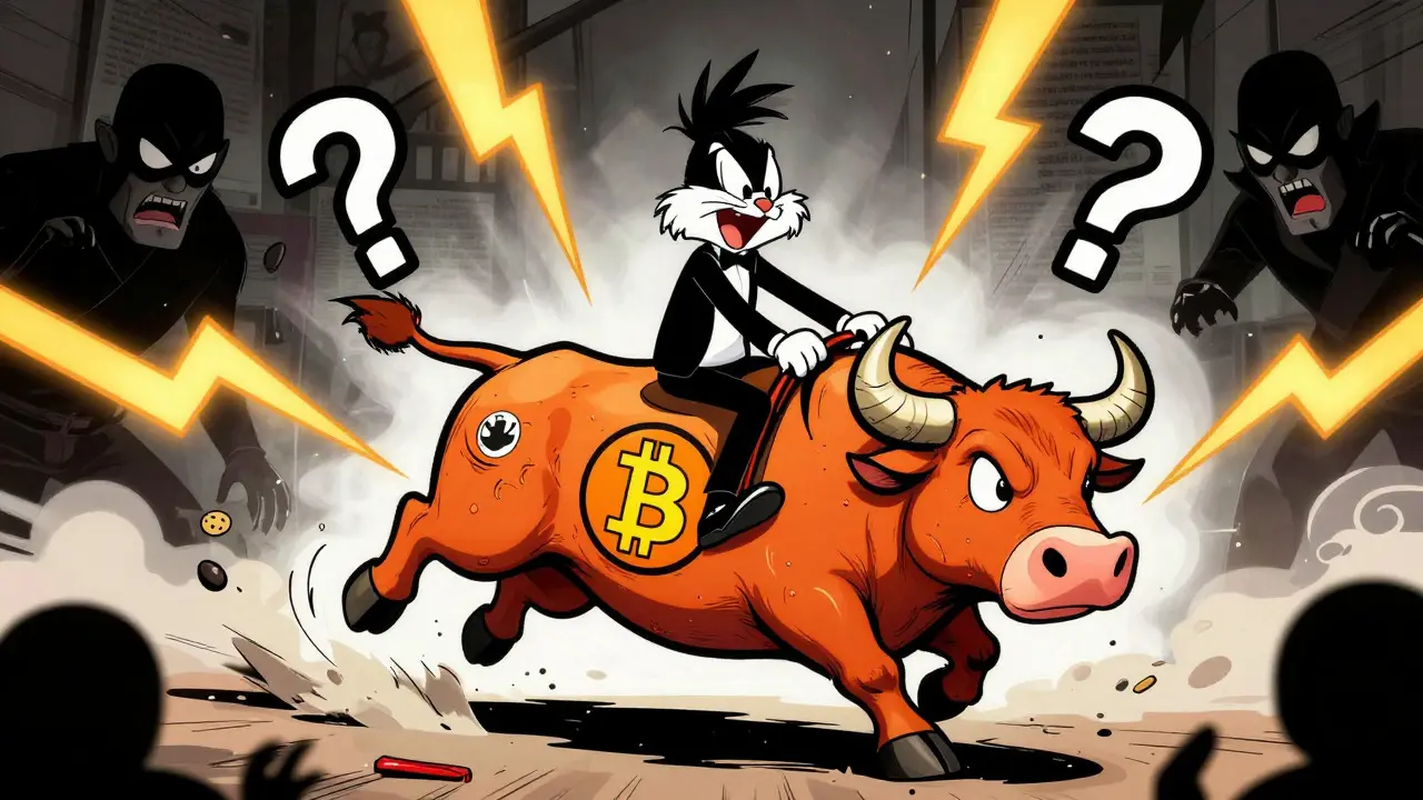 Character riding volatile Bitcoin bull in Looney Tunes style