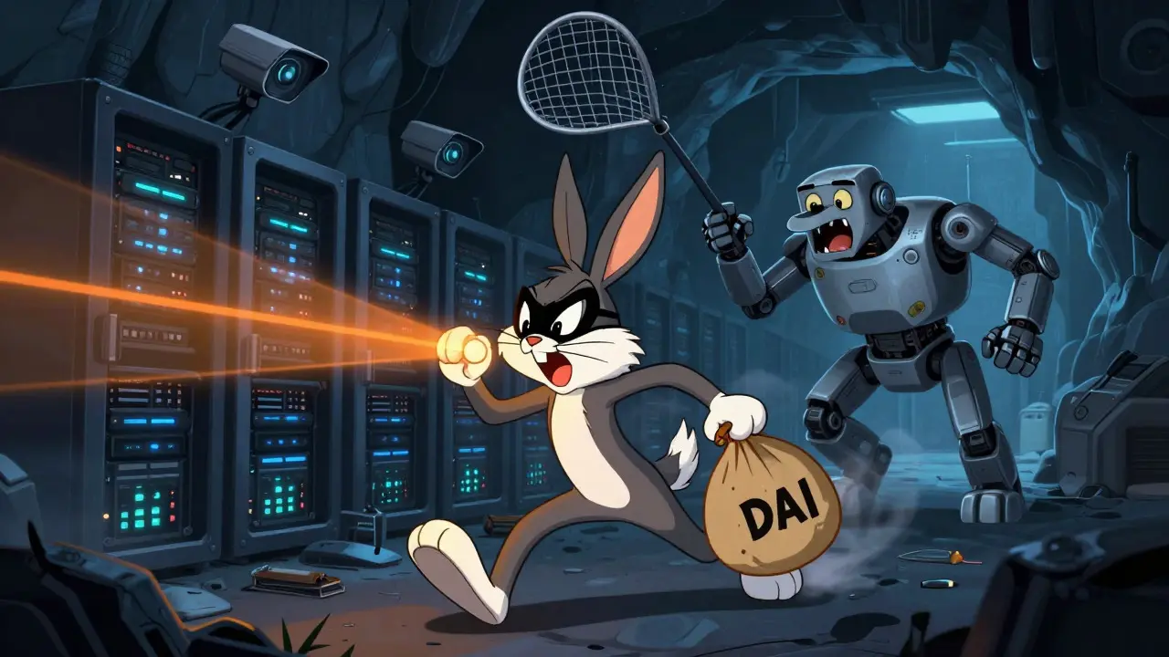 Clever rabbit sneaking with DAI coins away from robotic enforcers in a digital cave