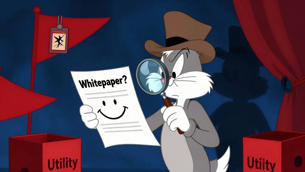 Detective examining fake whitepaper with red flags around him