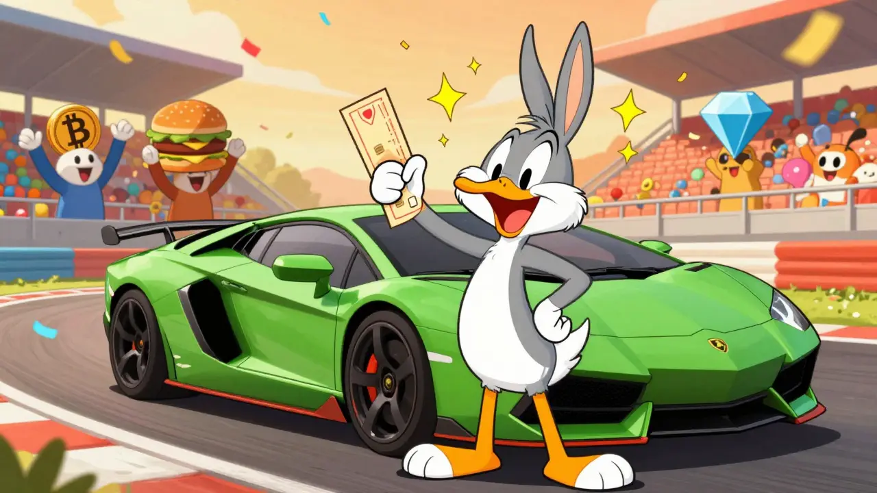 Excited cartoon character winning a green Lamborghini in a giveaway event.