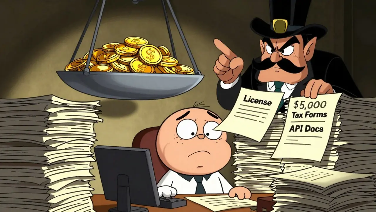 Exhausted trader buried under license paperwork and tax forms in Looney Tunes style