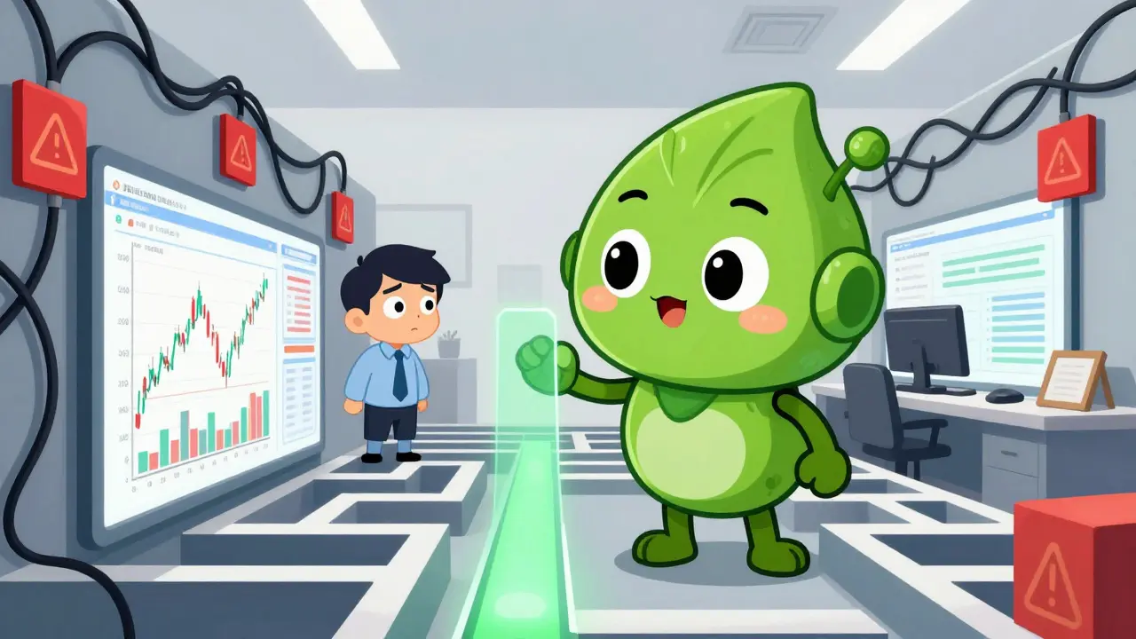 Friendly mascot guiding a trader through a maze, representing easy retail access.