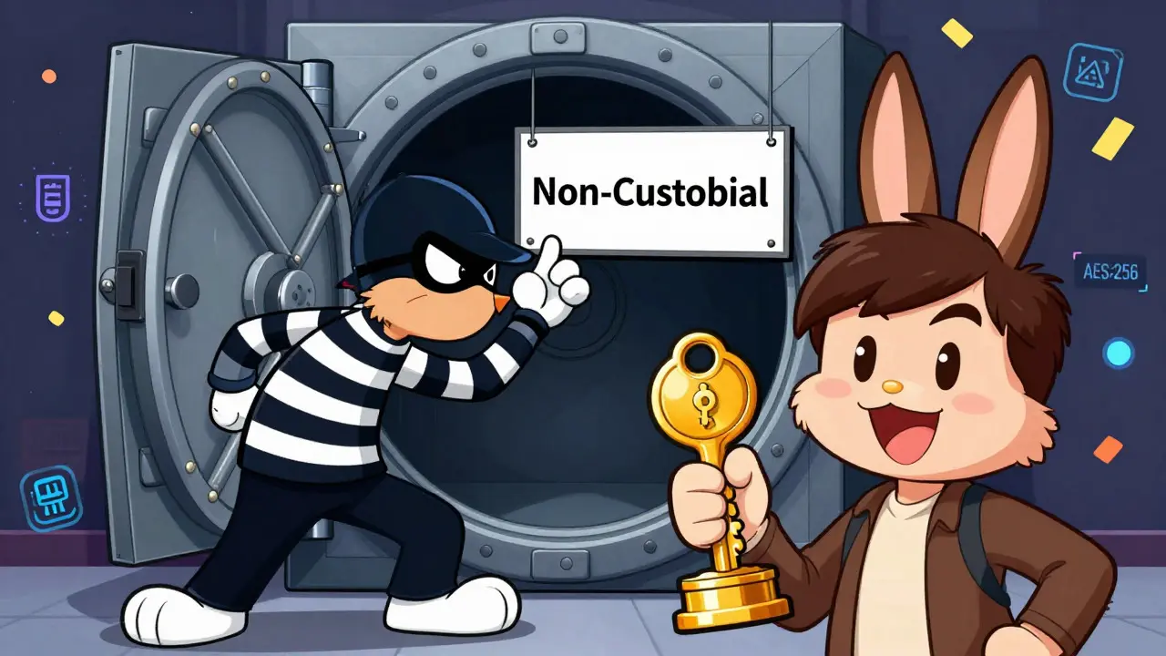Hacker finds an empty vault while a user safely holds their private keys.