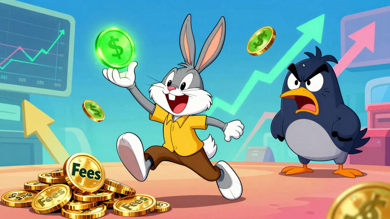 Happy cartoon trader saving money on fees and earning staking rewards