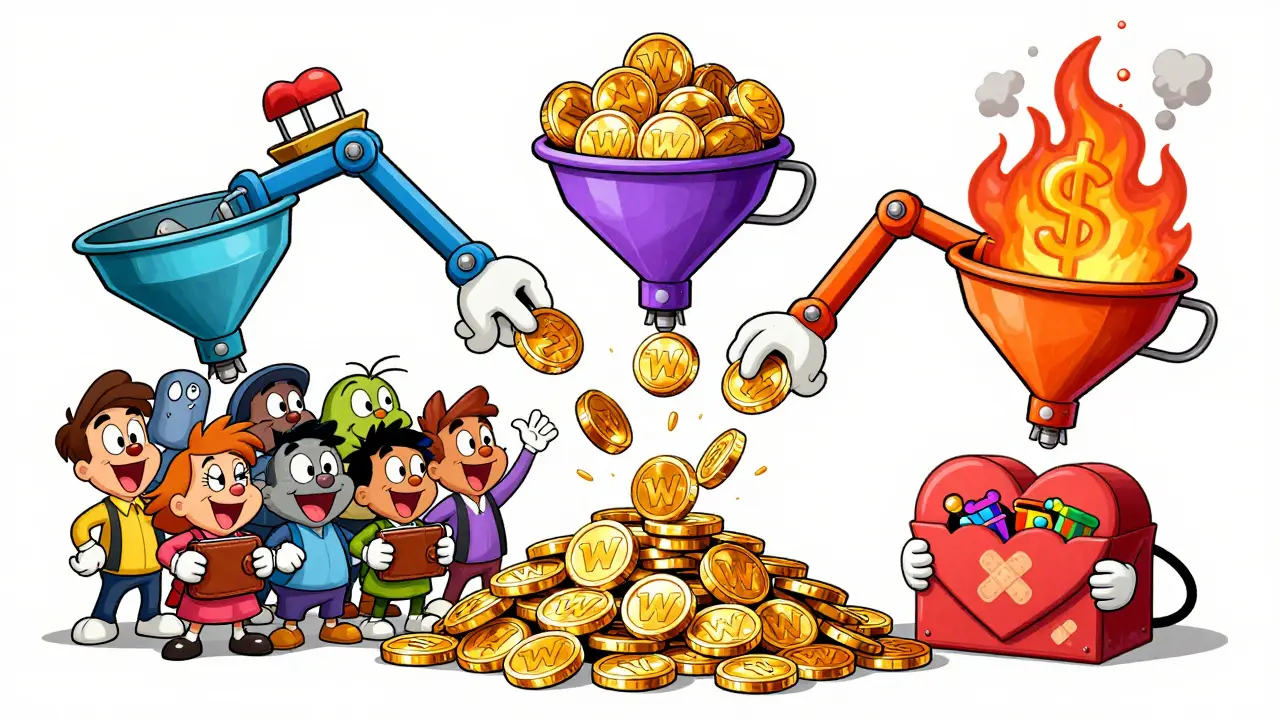 Illustration showing WLBO fees splitting into rewards, charity, and burn piles.