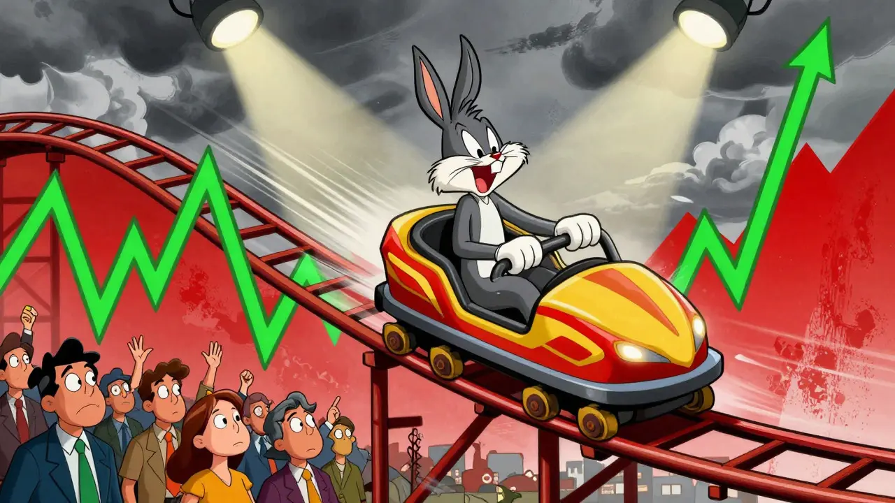 Kevin riding a volatile price chart rollercoaster in classic cartoon style