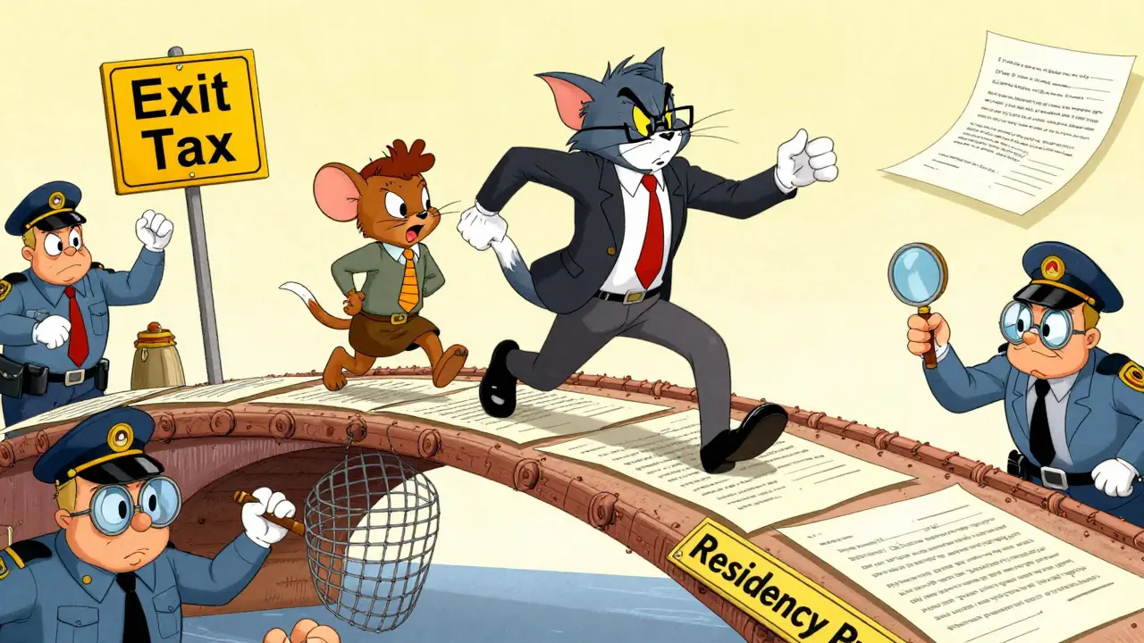 Lawyer guiding client over document bridge away from tax auditors