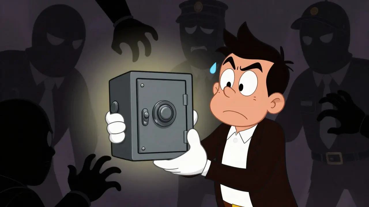 Nervous cartoon character clutching a hardware wallet while shadows loom behind.