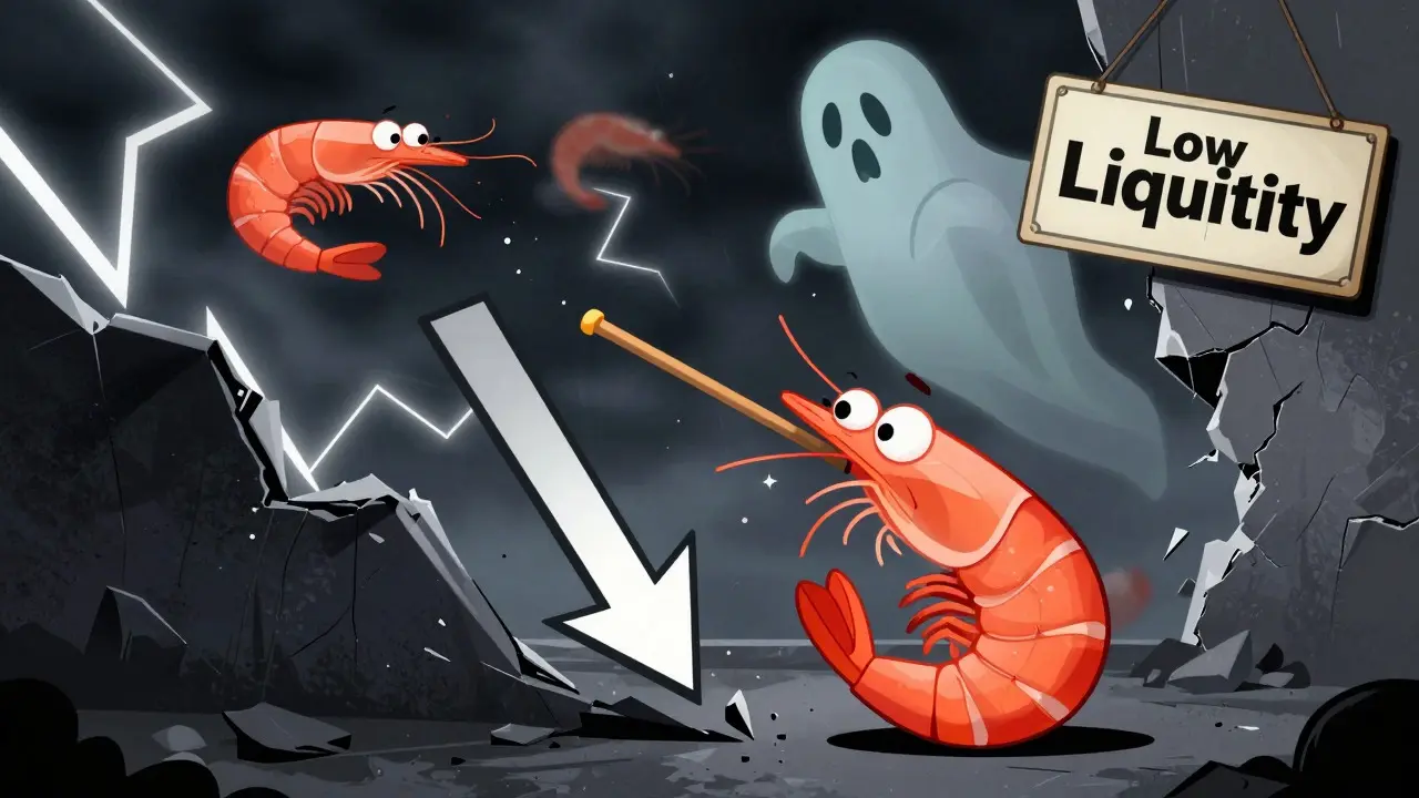 Sad shrimp character amid a dramatic stock market crash