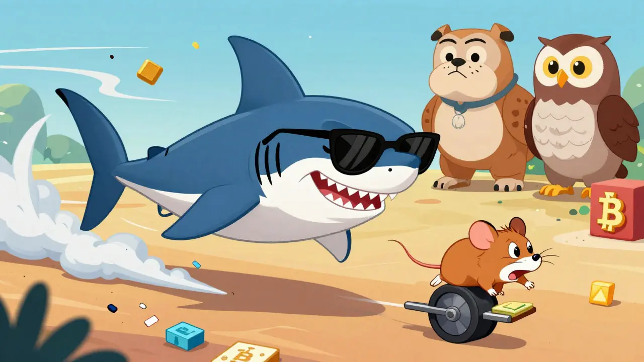 Shark bot chasing hamster on blockchain wheel in cartoon style