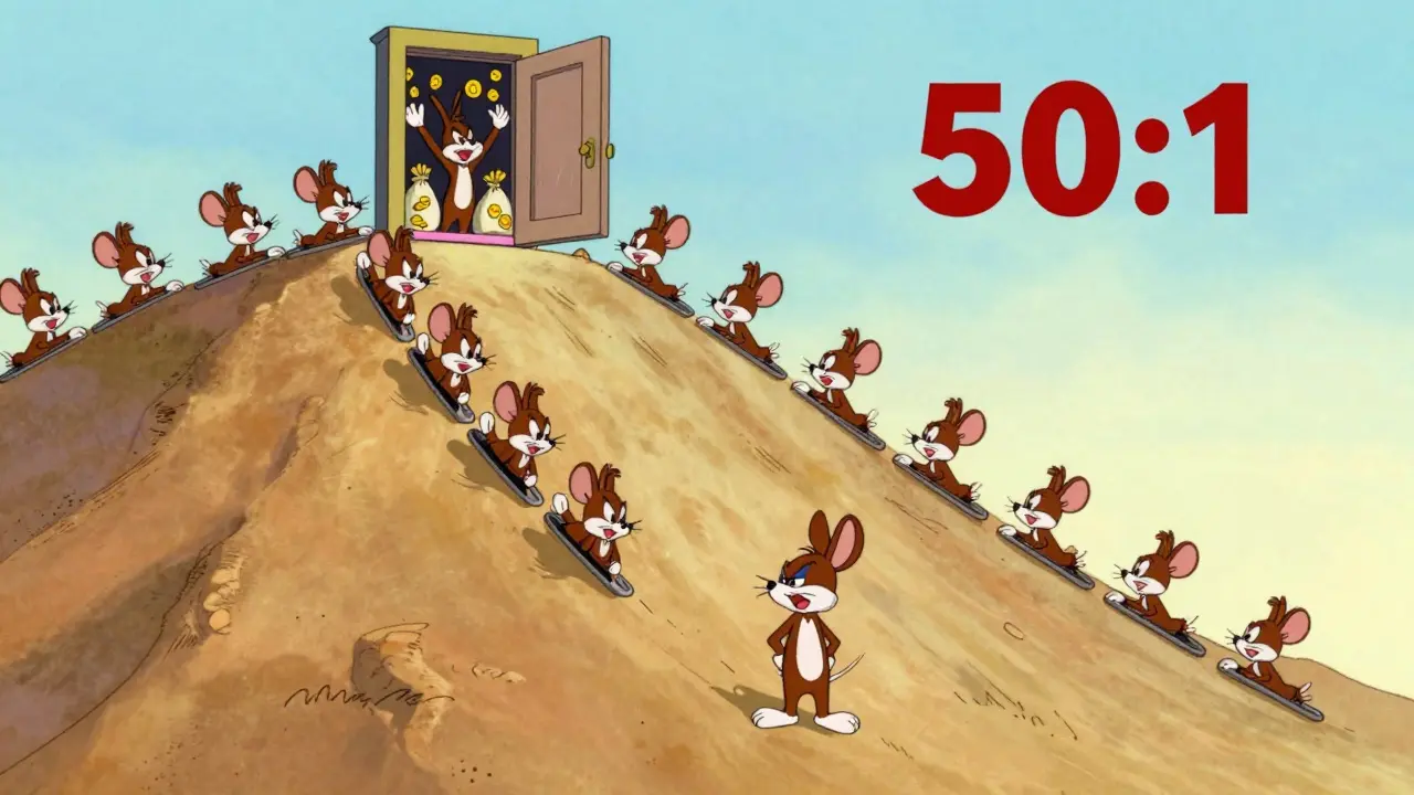 Small character climbing a steep hill to reach a tiny VIP winner's club door