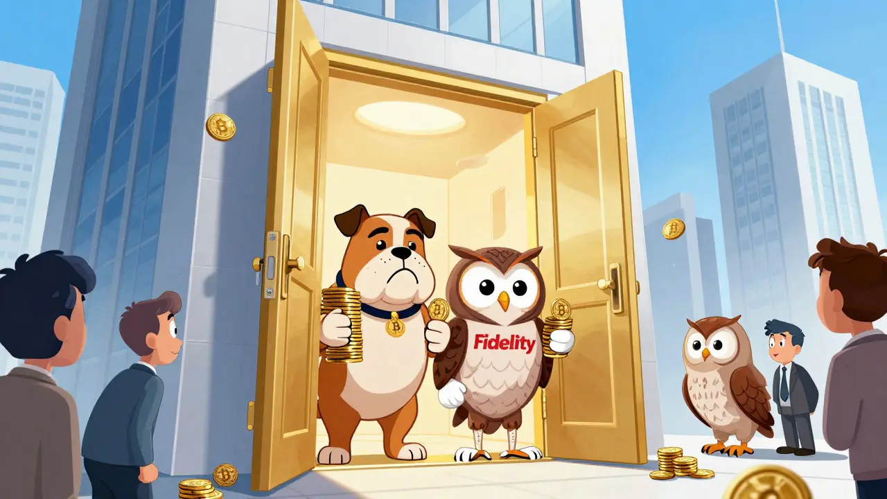 Sophisticated animal investors entering a modern building through a giant golden Bitcoin ETF door