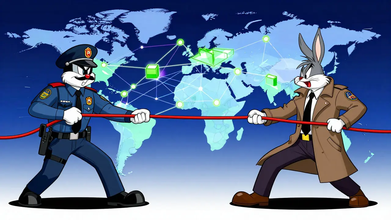 Spanish and US agents pulling a digital web in a Looney Tunes style cartoon.