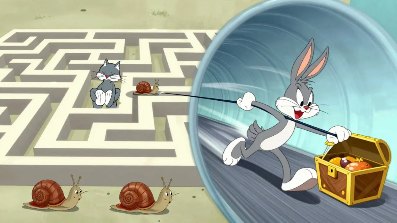 Split screen cartoon comparing slow vs fast crypto payments