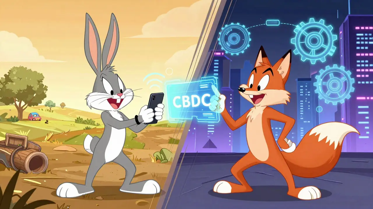 Toon characters demonstrating offline and smart contract tech