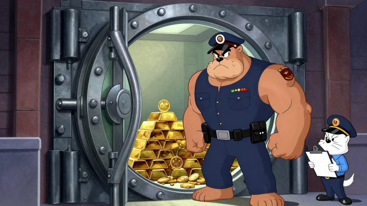 Tough cartoon guard protecting secure crypto vault from regulators