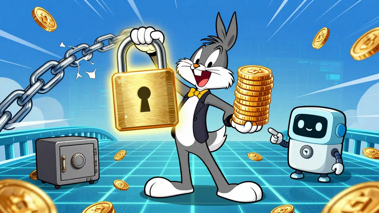 Triumphant cartoon founder holding crypto keys and coins