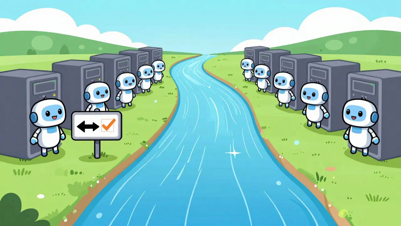 Unified river flowing past smiling server robots in cartoon style