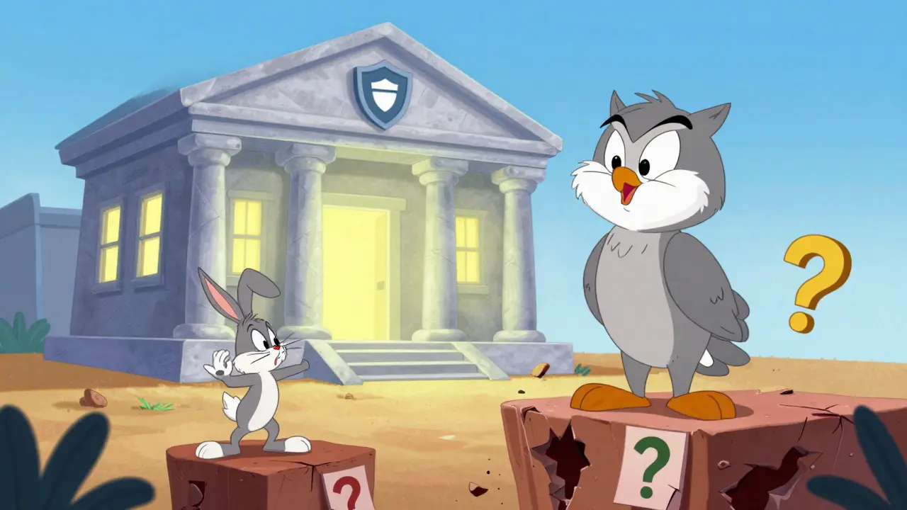 Wise owl near safe bank while shifty character lures rabbit to risky platform