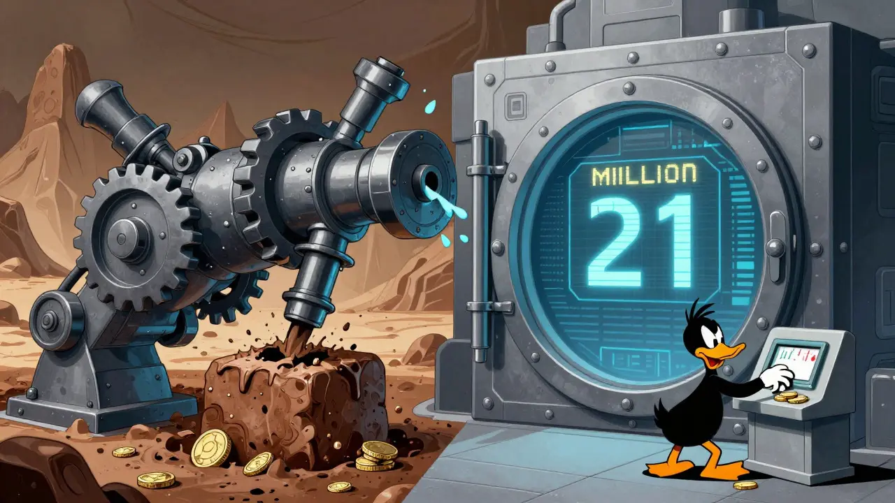 A comical mining machine struggling against a fixed digital supply limit