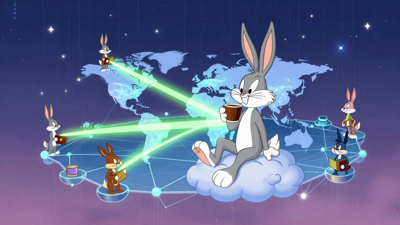 A relaxed cartoon character overseeing a global network of instant payments
