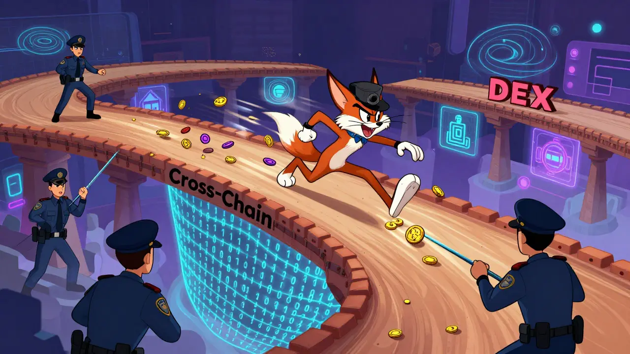 Animated criminal moving coins across digital bridges while police pull a net below.