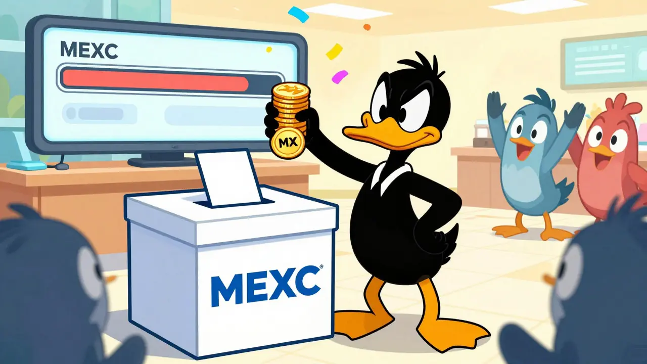 Animated duck voting with MX tokens for MEXC Kickstarter campaign