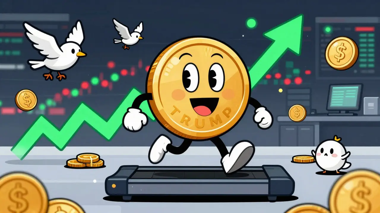 Animated scene of a Trump coin running on a stock arrow treadmill amidst chaos