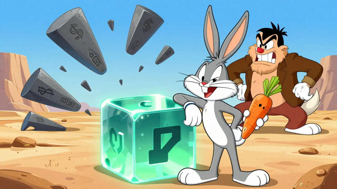 Bunny with hardware wallet dodging falling gas fee anvils in DeFi setting
