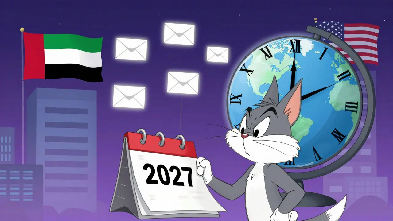 Cartoon character viewing timeline of international crypto data sharing