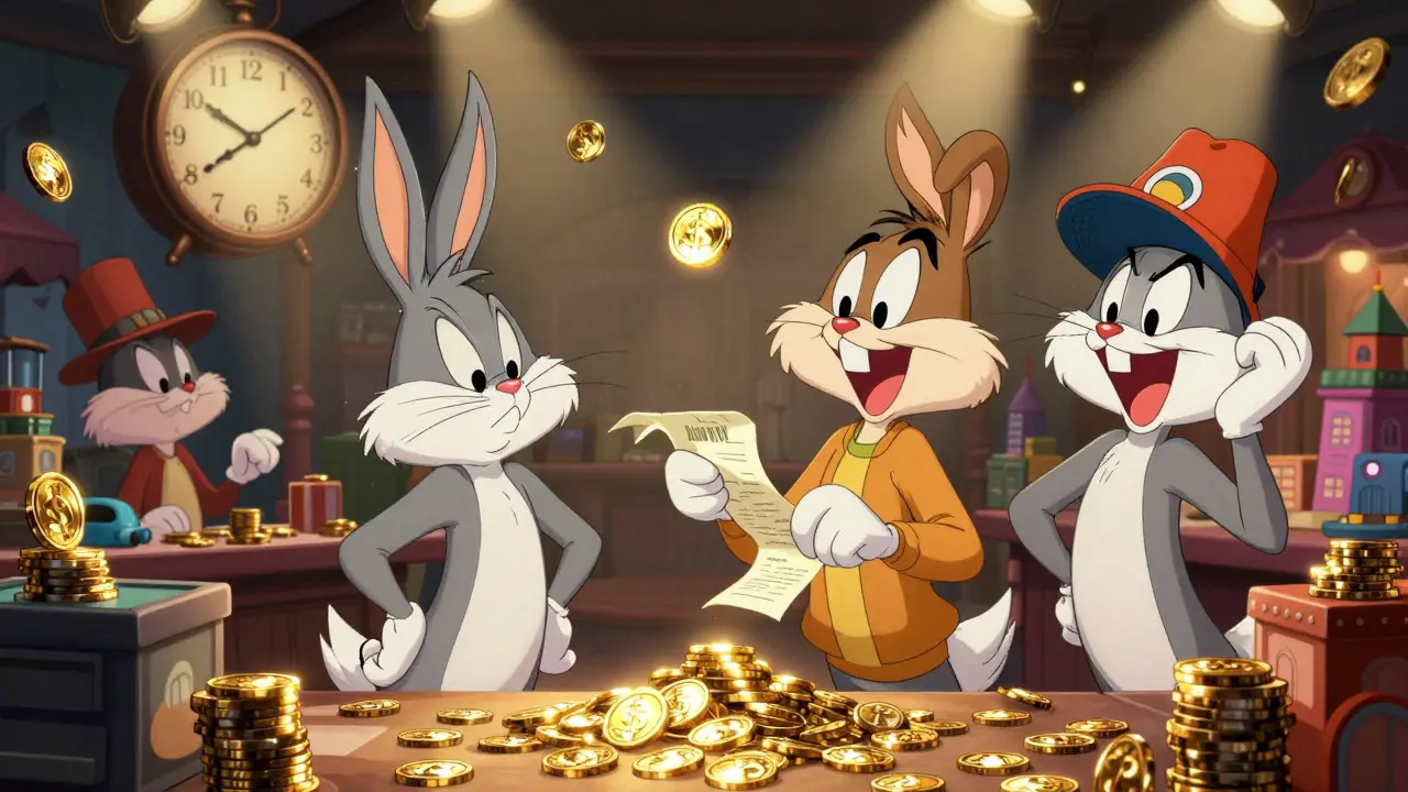 Cartoon characters trading digital assets in a busy marketplace