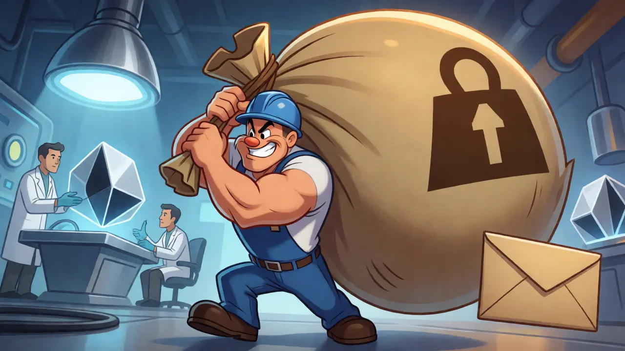Cartoon figure struggling to carry a huge transaction sack.