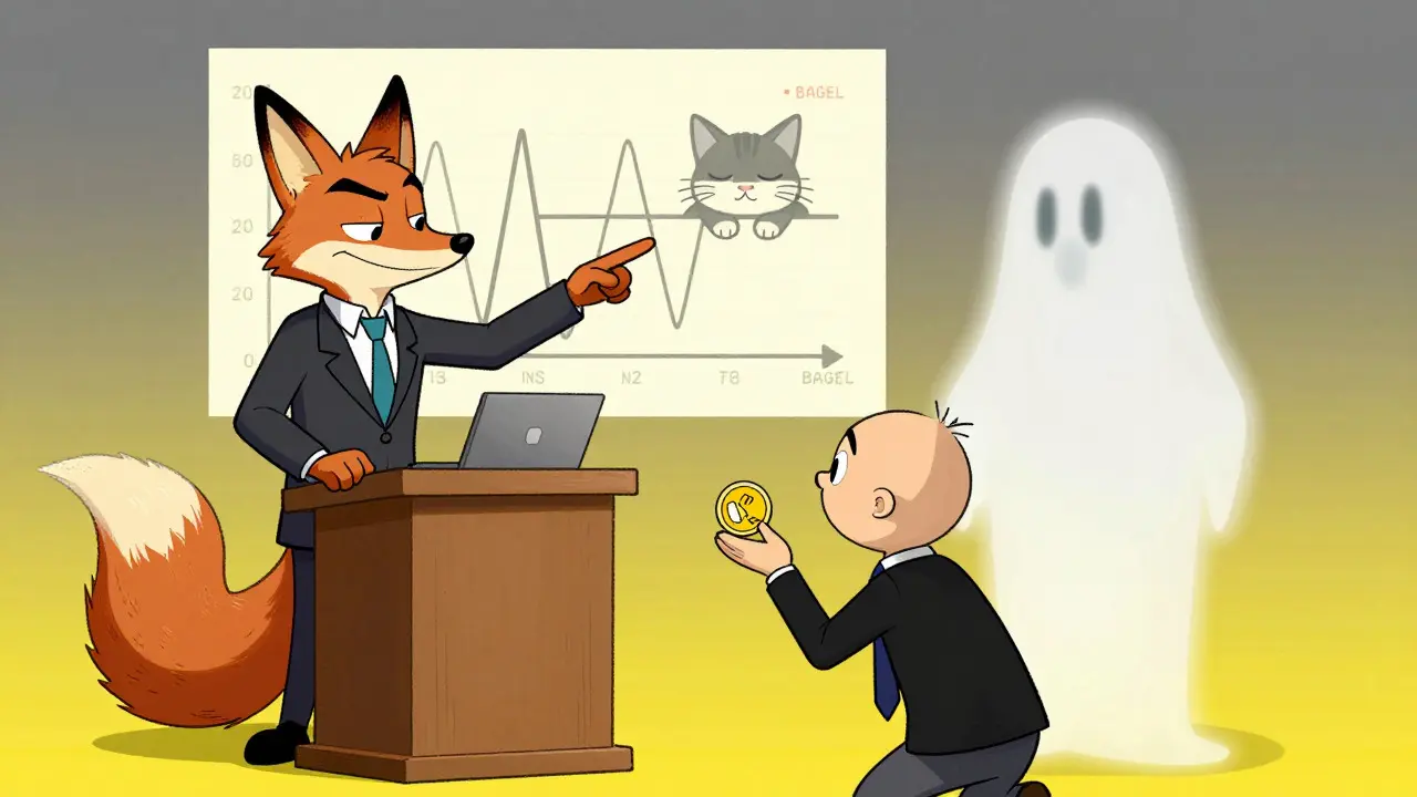 Cartoon fox pointing at flatline graph while investor fades away