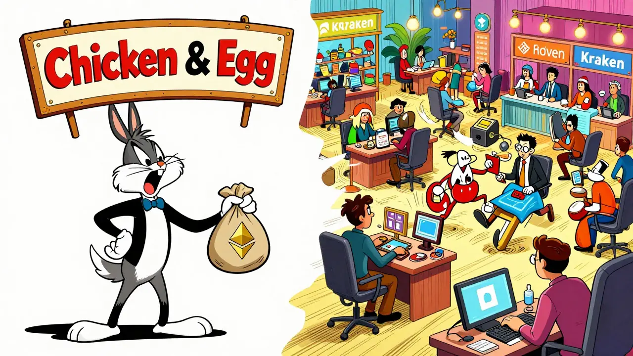 Cartoon showing frustrated trader vs busy modern crypto market