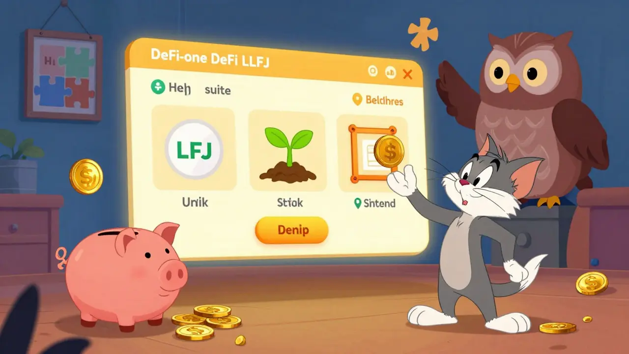 Cat character juggling LFJ DeFi tools like lending and staking