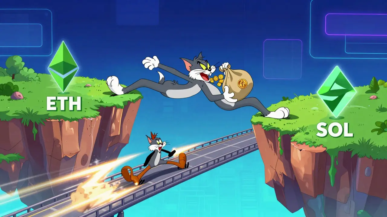 Cat stretching across blockchain chasm carrying tokens between networks