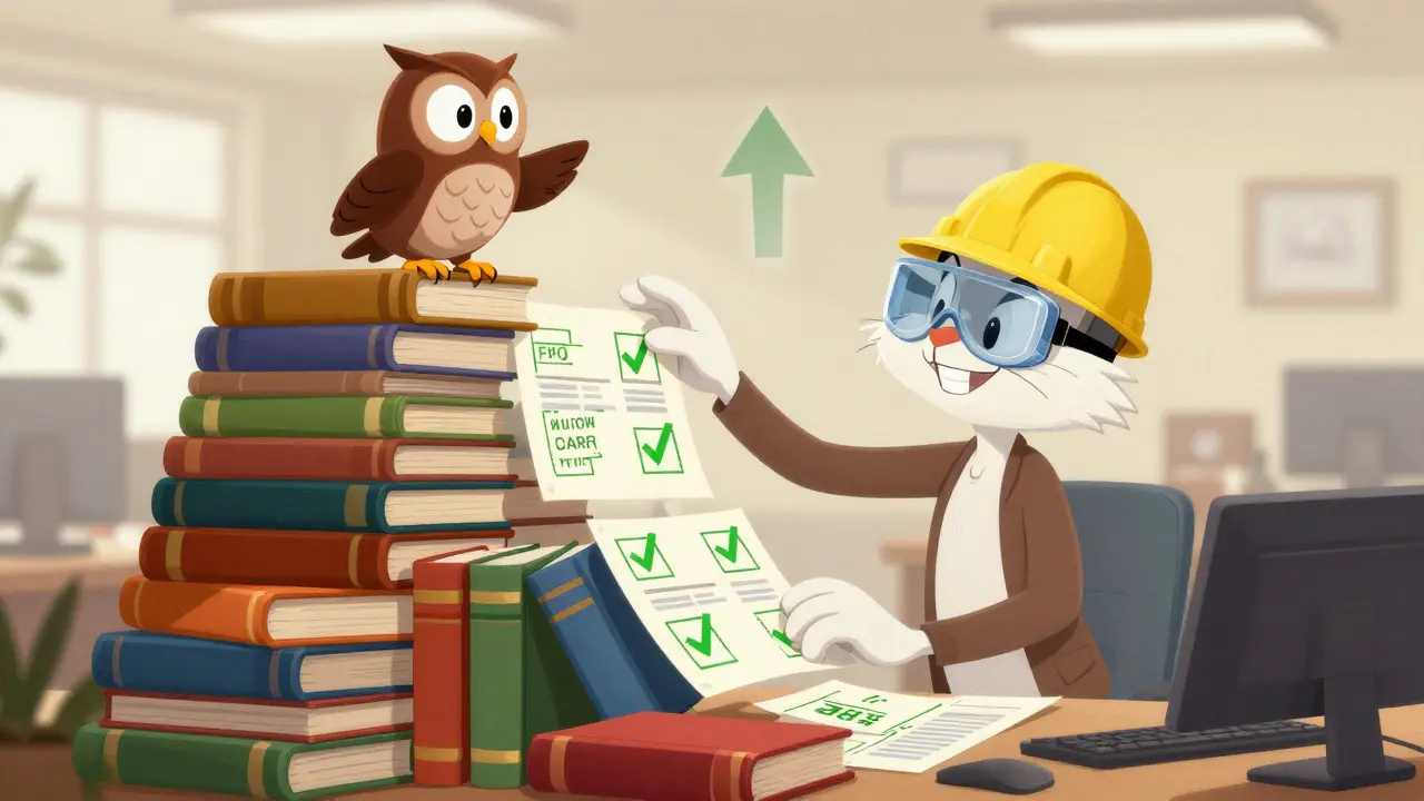 Character organizing compliance ledgers with an owl advisor in a bright, organized office setting
