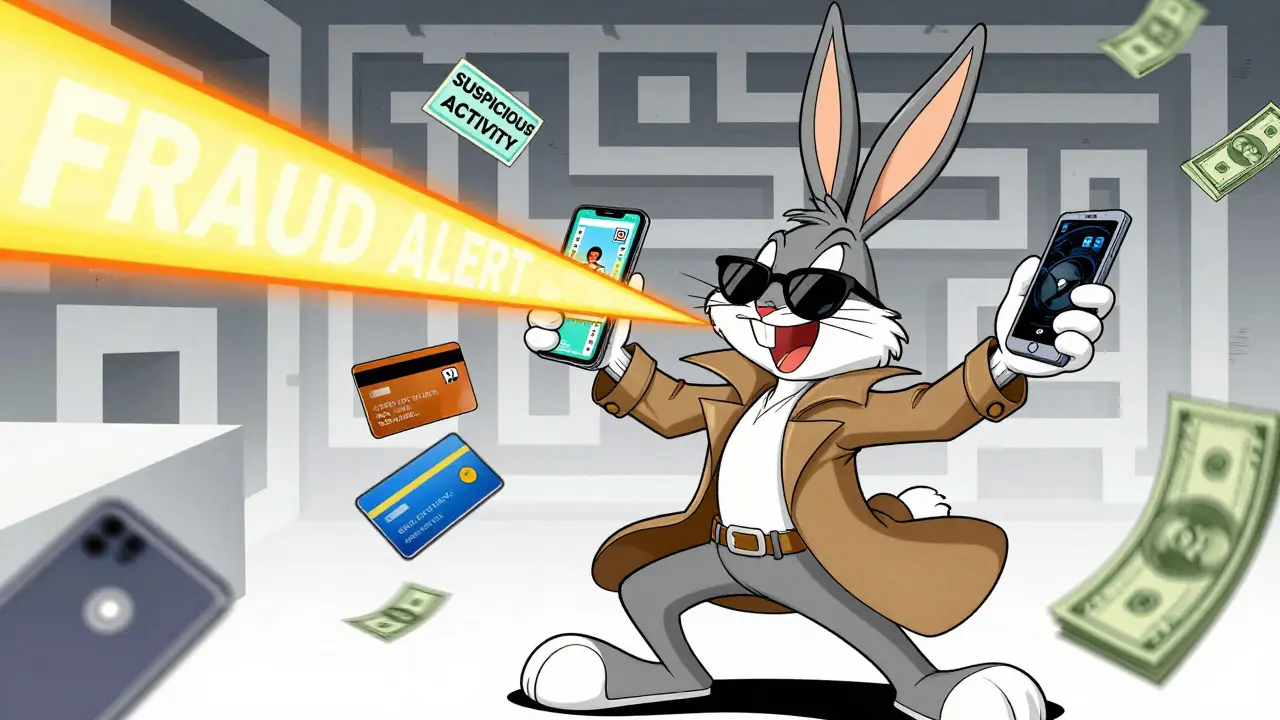 Clever cartoon trader dodging fraud alerts while juggling phones