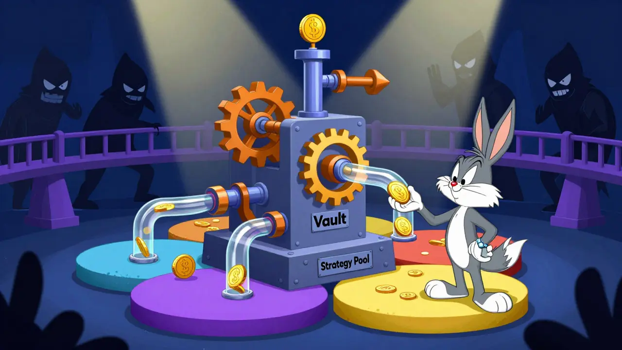 Complex Rube Goldberg machine processing crypto coins with lurking hackers