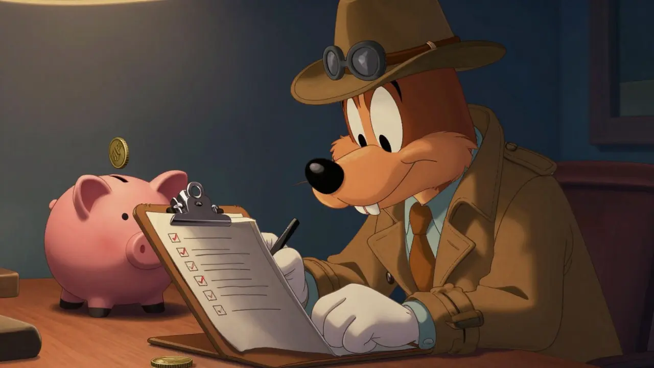 Detective dog checking a clipboard next to a piggy bank