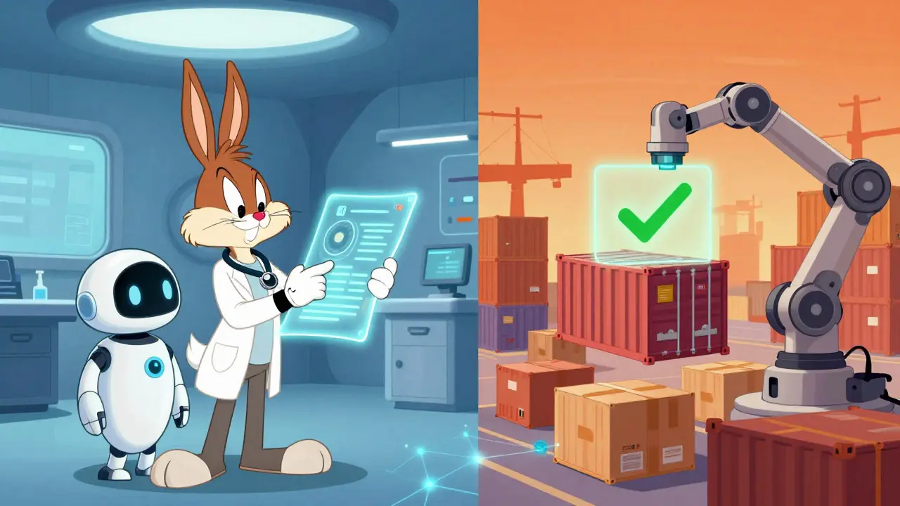 Doctor and cargo ship scanning scene in colorful cartoon illustration