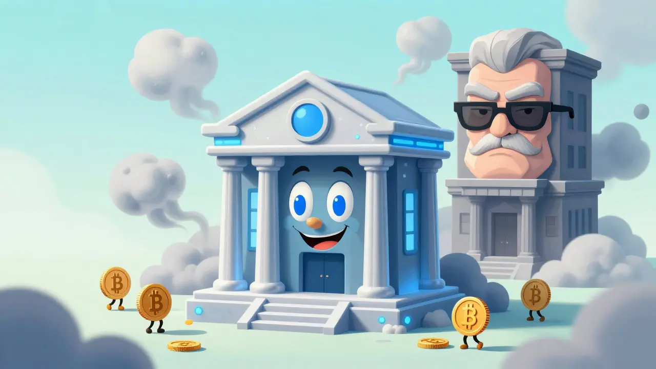 Friendly new crypto bank building vs grumpy traditional bank