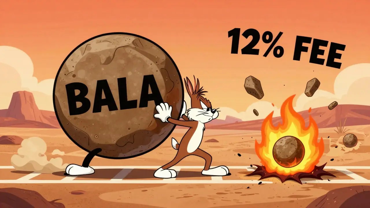 Funny cartoon showing BALA token losing value due to high fees