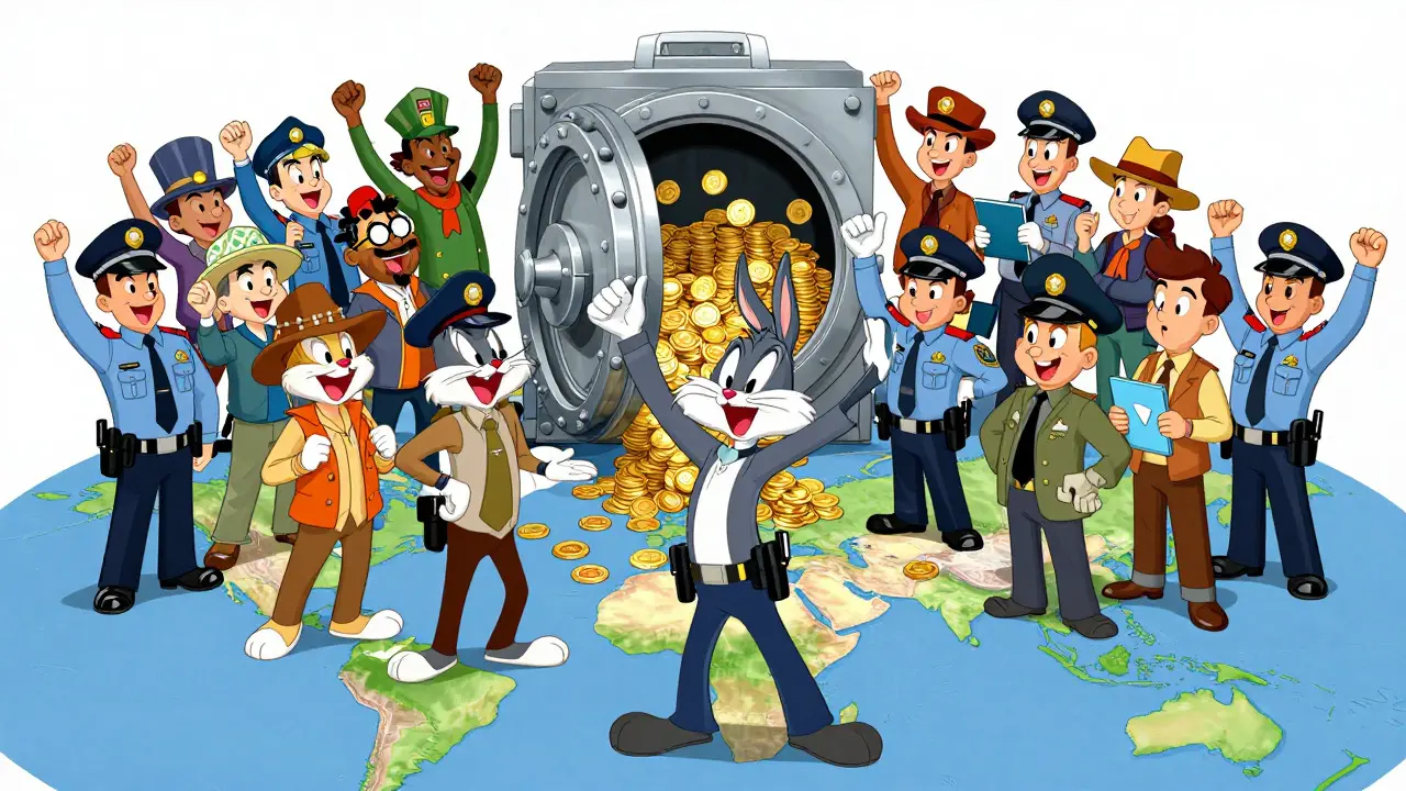 Global police team celebrating recovered crypto funds returned to happy victims.
