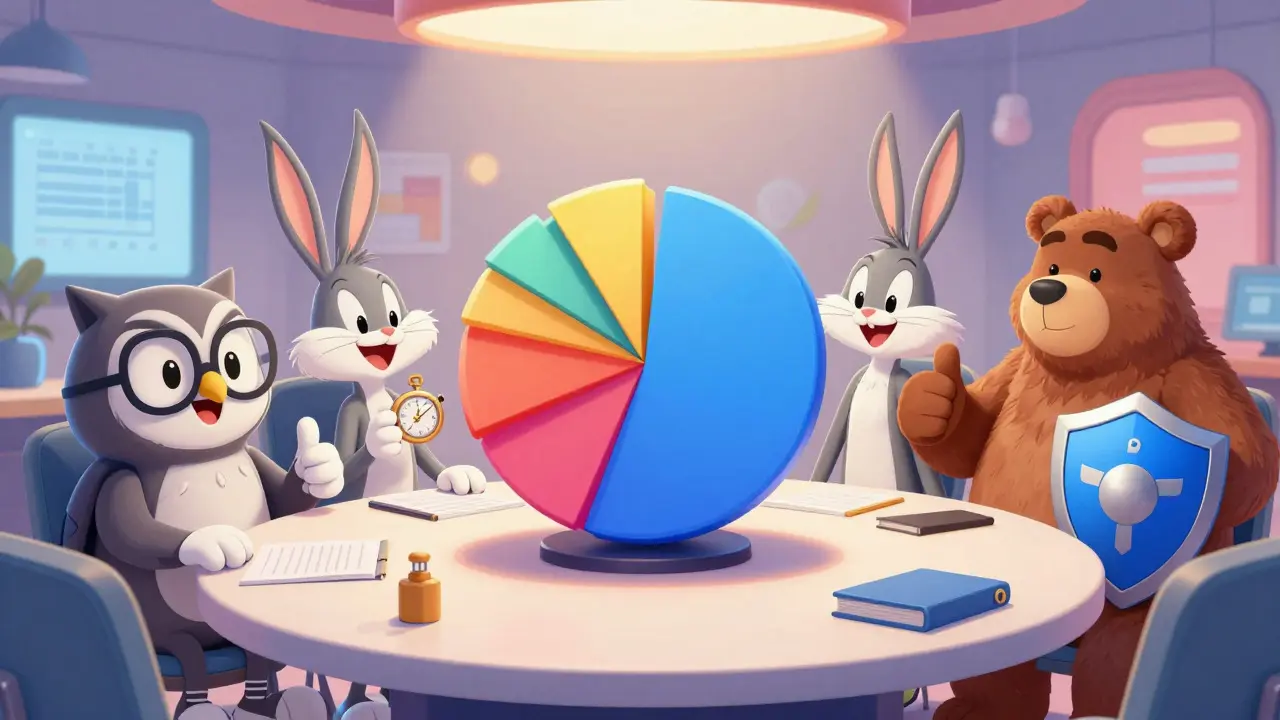 Group of animal characters celebrating a self-balancing pie chart