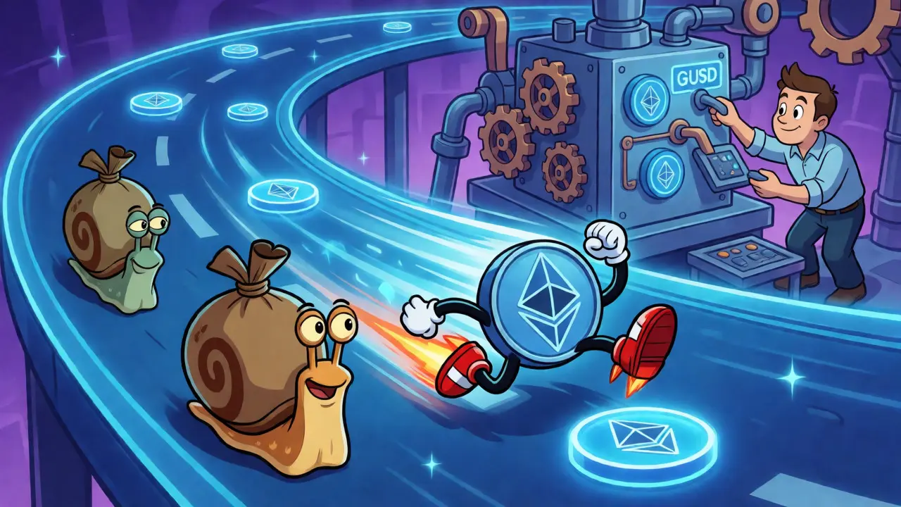 GUSD token racing on an Ethereum highway past slow wire transfer snails