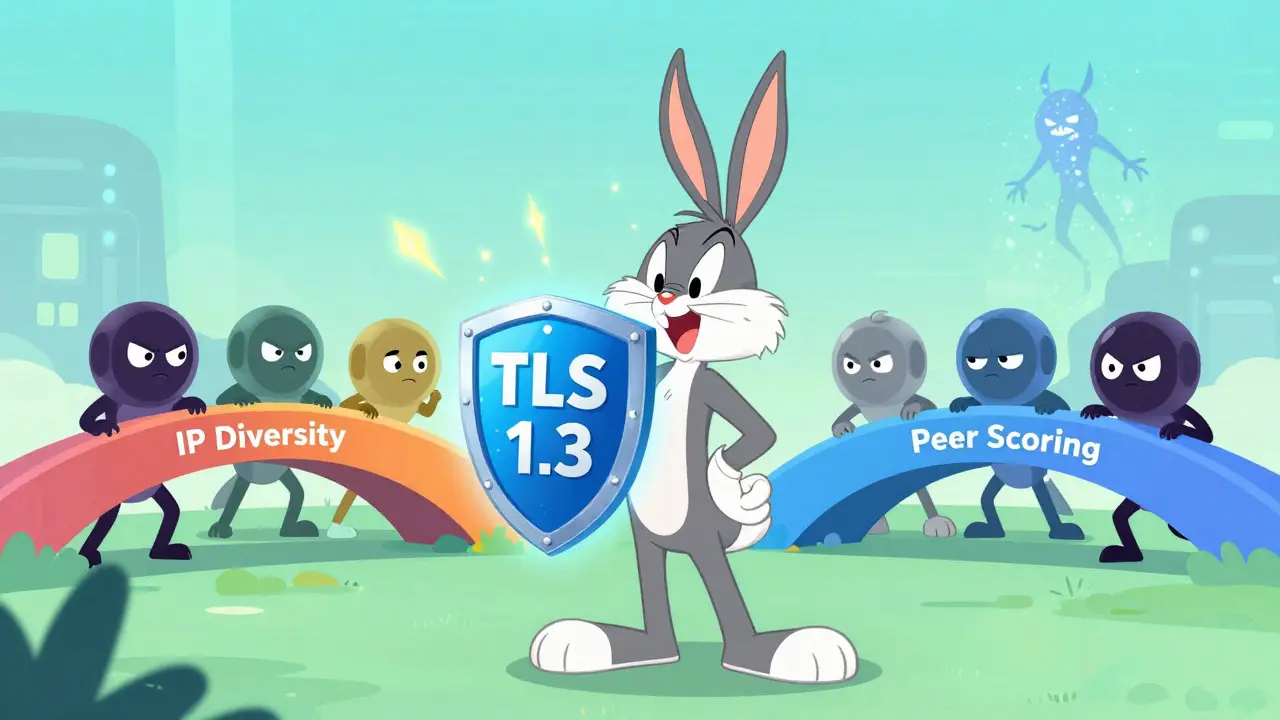 Heroic cartoon node defending network with TLS shield against attackers